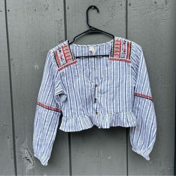Small Raga Women’s Striped cropped Boho Blouse with Button & Embroidered Details - Picture 1 of 13